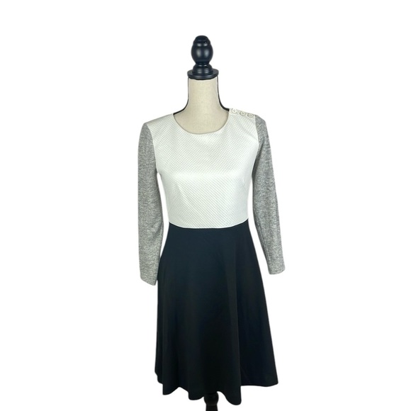 Ann Taylor LOFT Black White Gray Color Block Long Sleeve Knit Dress Sz 4 - Picture 1 of 10